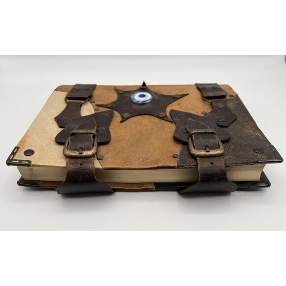 Brown Leather Stone Eye Spell Book Journal w Buckles 7” x 10” - Picture 3 of 12